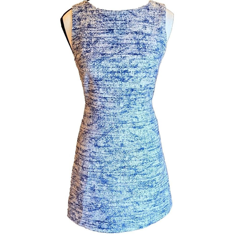 Alice + Olivia Size 0 Blue White Tweed Mini Shift Dress Mesh Back Exposed Zipper